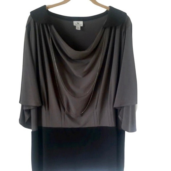 Worthington Black And Dark Gray Flutter Sleeve Top with Necklace Size Large NWOT - Picture 1 of 6